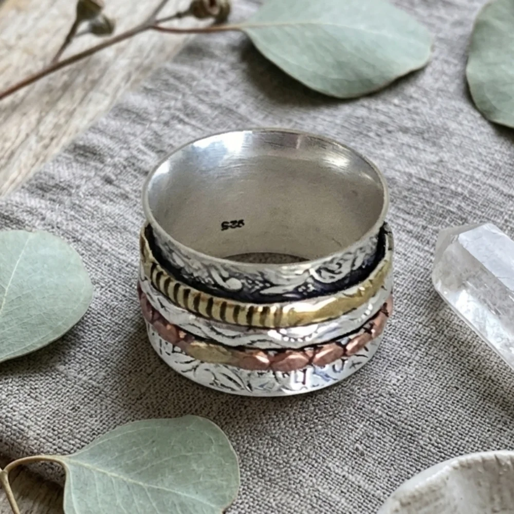 925 Sterling Silver Spinner Ring Brass Copper Mixed Metal Meditation Boho Sz 7.5